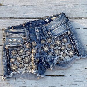 Miss Me Girls Size 10 Distressed Frayed Denim Jean Shorts Flowers Rhinestones